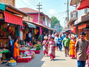 Scenă de stradă plină de viață cu piețe locale.