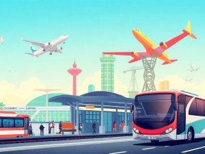 Moduri de transport internațional: avion, tren, autobuz.