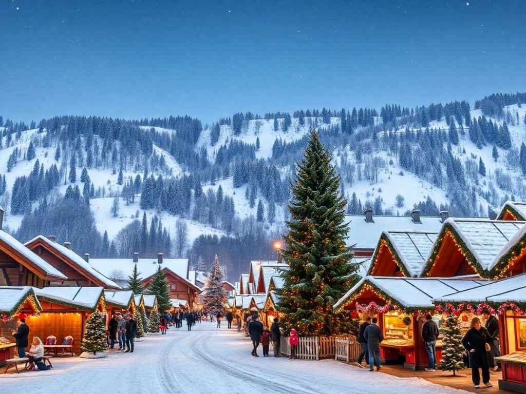 Peisaj de Crăciun cu zăpadă și decorațiuni festive.