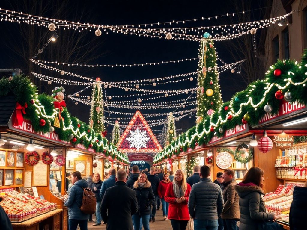 Târg de Crăciun cu lumini și decorațiuni festive.