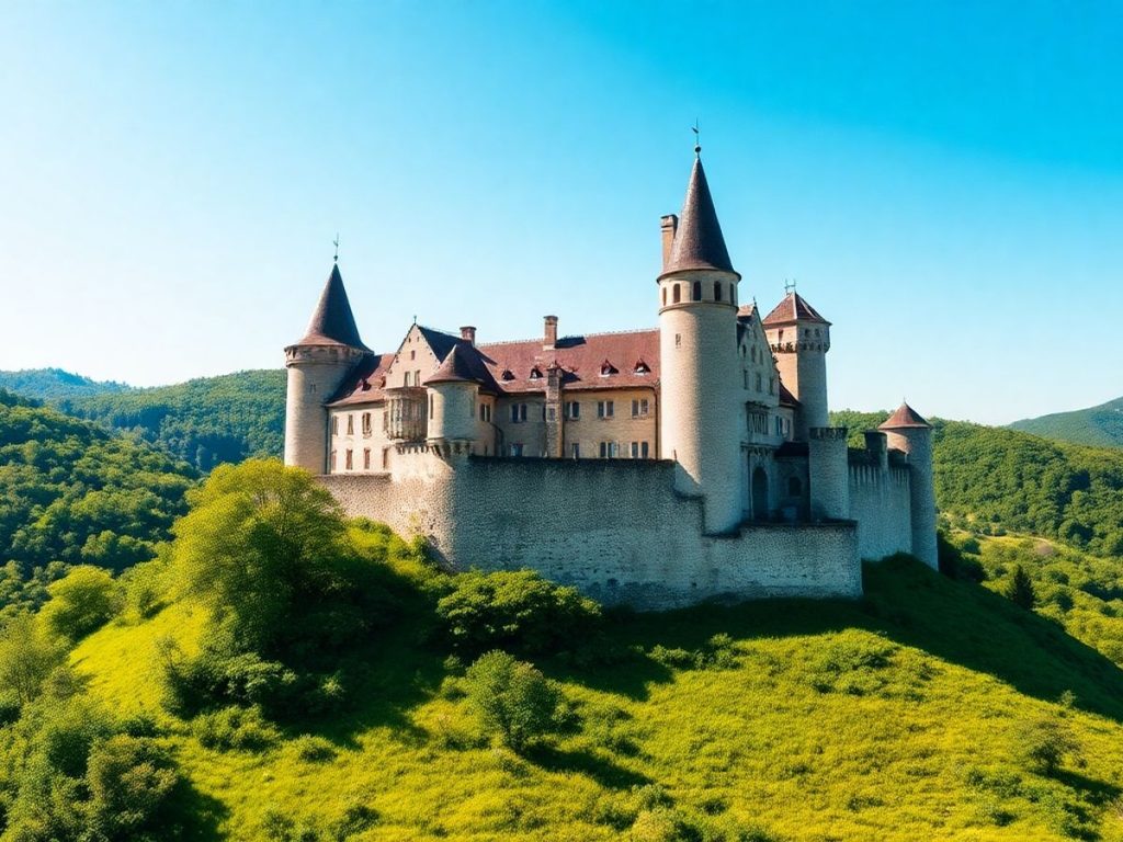 Castel medieval în România înconjurat de peisaje verzi.