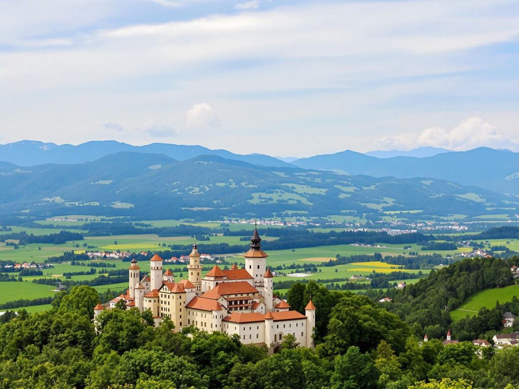 Peisaj idilic din Transilvania cu munți și castel.