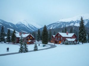 Peisaj montan de iarnă cu stațiune și zăpadă.