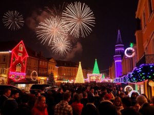 Peisaj urban festiv de Revelion în România.