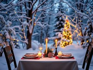 Cina romantică în natură, cu lumini și zăpadă.