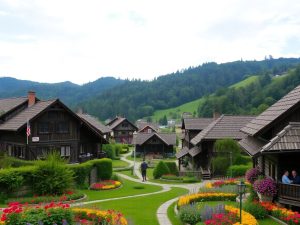 Peisaj rural cu sate tradiționale din România.
