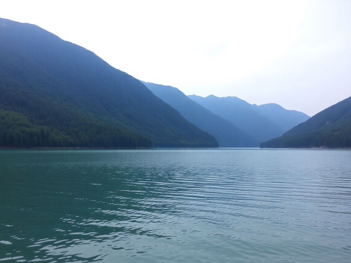 Peisaj montan liniștit cu păduri și un lac răcoros.