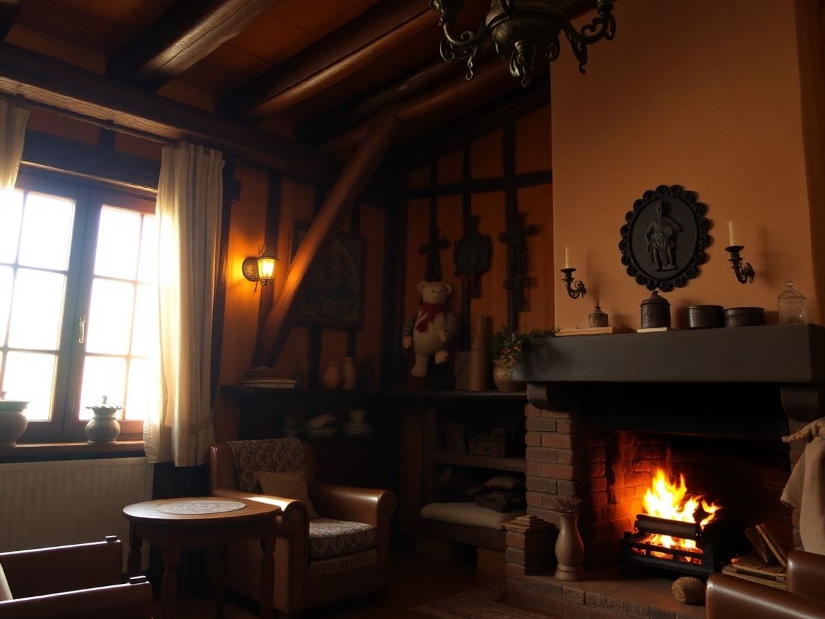 Interior cald, rustic, cu decorațiuni tradiționale și foc în șemineu.