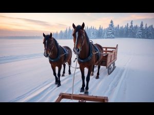 Sanie de lemn trasă de cai prin zăpadă, peisaj magic iarnă.