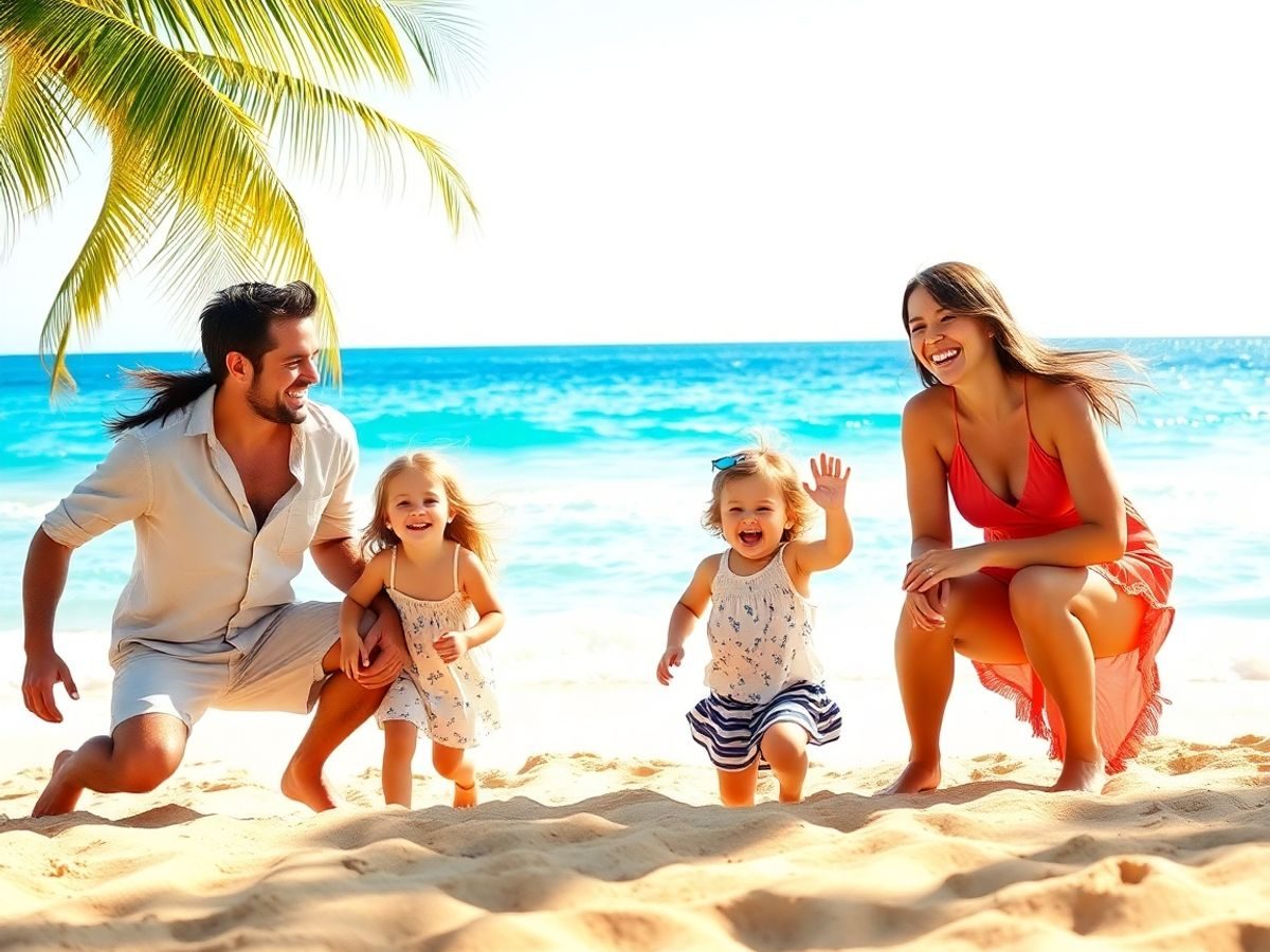 Familie zâmbitoare, plajă însorită, jocuri în nisip, palmieri.