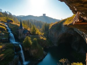 Ascunsă biserică de lemn, cascadă montană, chei stâncoase, turn medieval