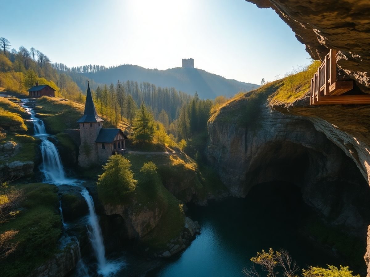 Ascunsă biserică de lemn, cascadă montană, chei stâncoase, turn medieval