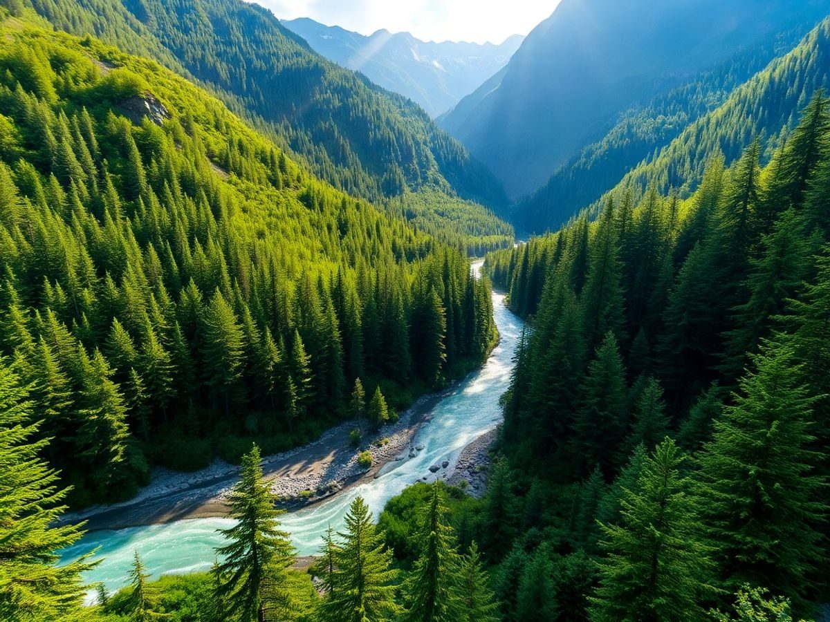 Peisaj montan spectaculos cu o pădure verde luxuriantă.
