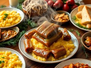 Farfurie cu sarmale și mămăliguță, decorată cu verdeață.