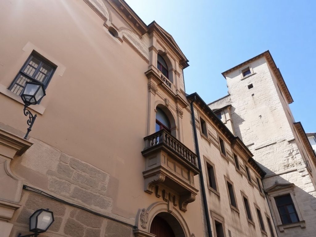 Arhitectură veche românească detaliată cu ornamente clasice.