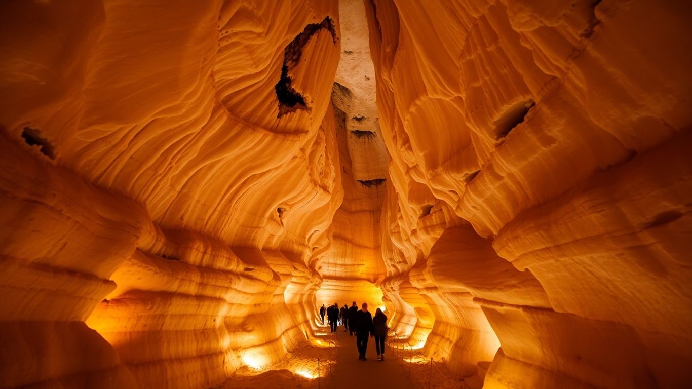 Interiorul unei saline iluminate cu lumini calde.