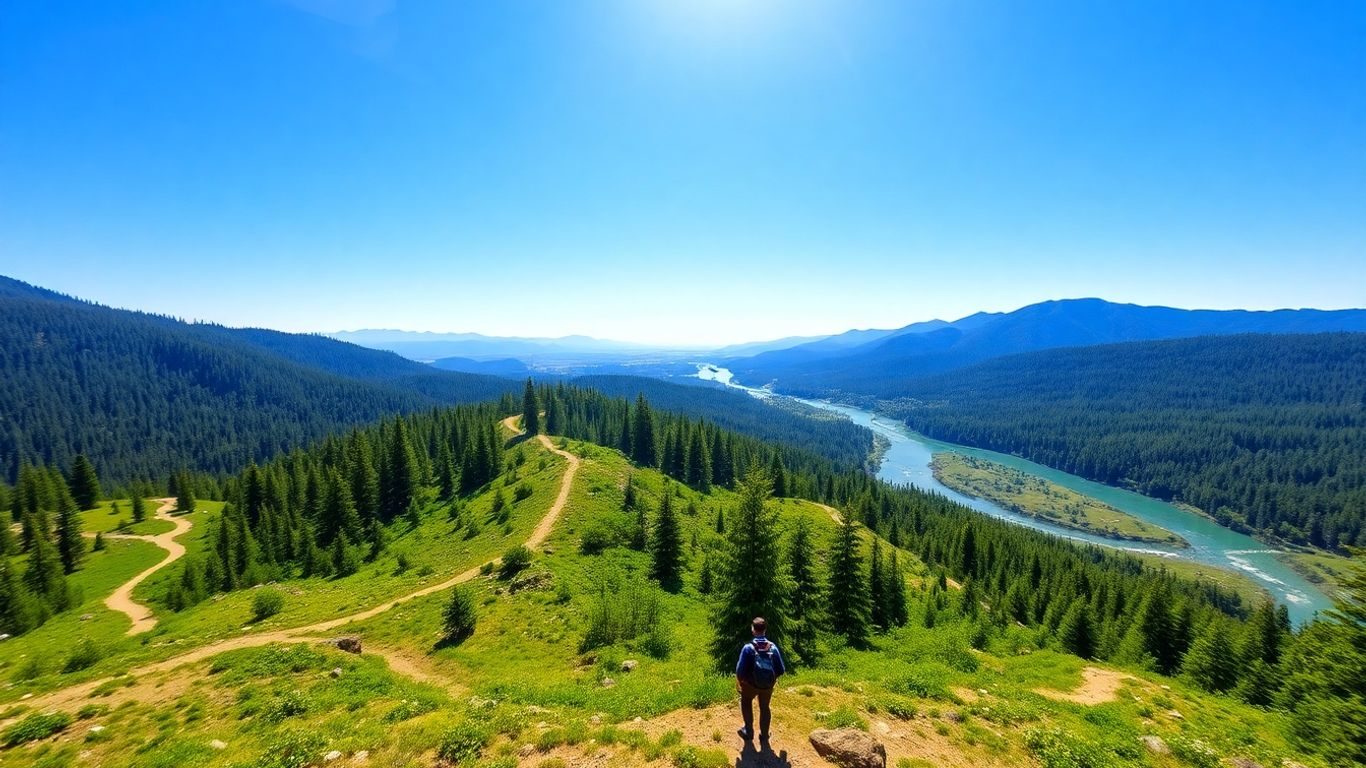 Peisaj natural cu pădure, râu, munți și drumeți