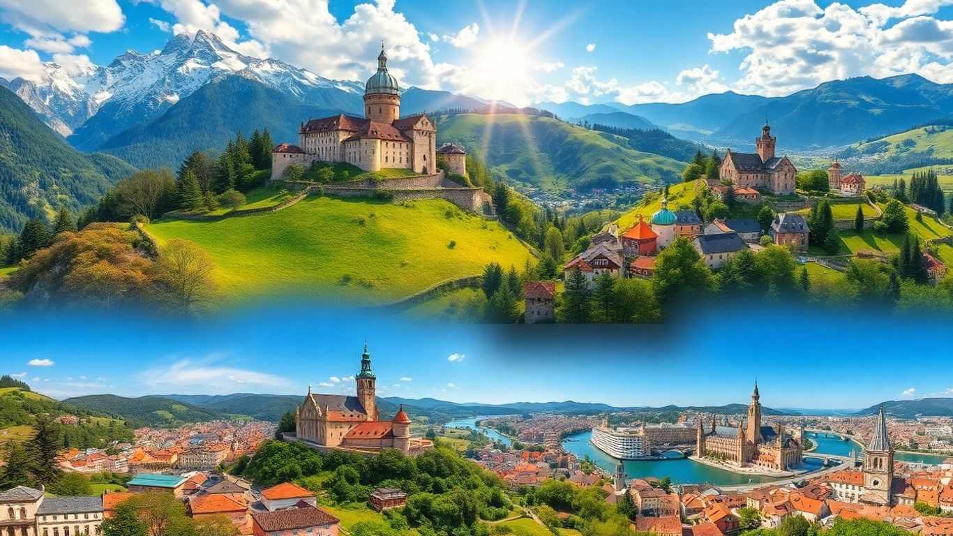 Peisaje turistice diverse din România: munți, castele, deltă.