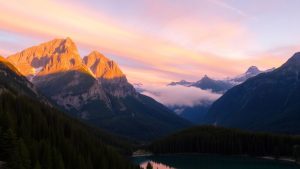 Peisaj montan spectaculos la răsărit cu lac reflectant.