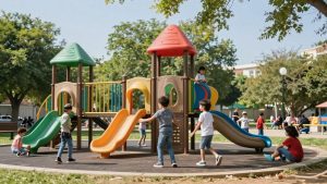 Copii fericiți se joacă în parc, bucurându-se de sărbători.